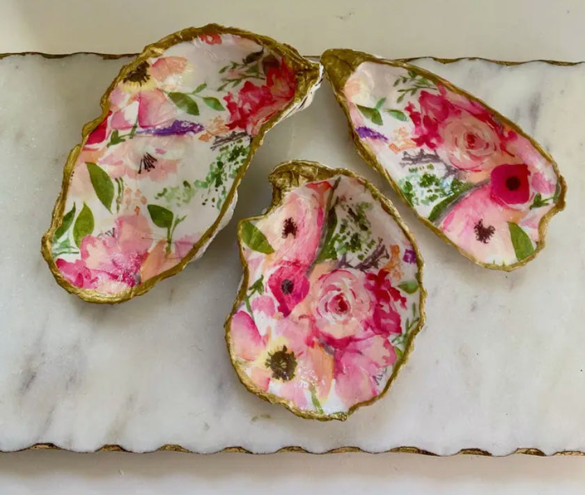 Pink Floral Oyster Shell Jewelry Holder