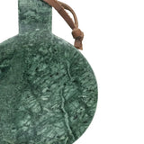 Green marble ornament with a brown leather strap on a white background