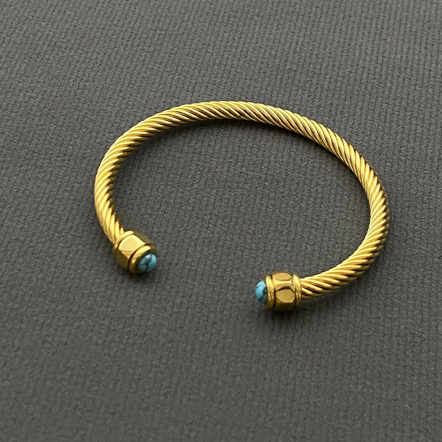 Inlaid Stone 18K Gold Plated Stainless Steel Spiral Cuff-FGS
