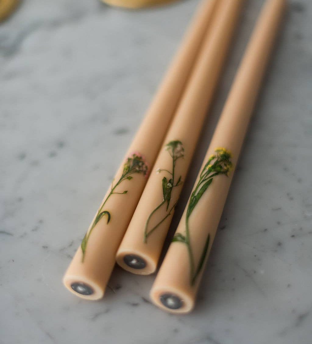 Floral Inlaid Tapered Candles - Set of 3
