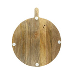 Round wooden cutting board with a handle on a white background