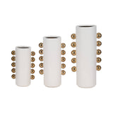 White/Gold 13 in. Stoneware Cylinder with Side Knobs Vase