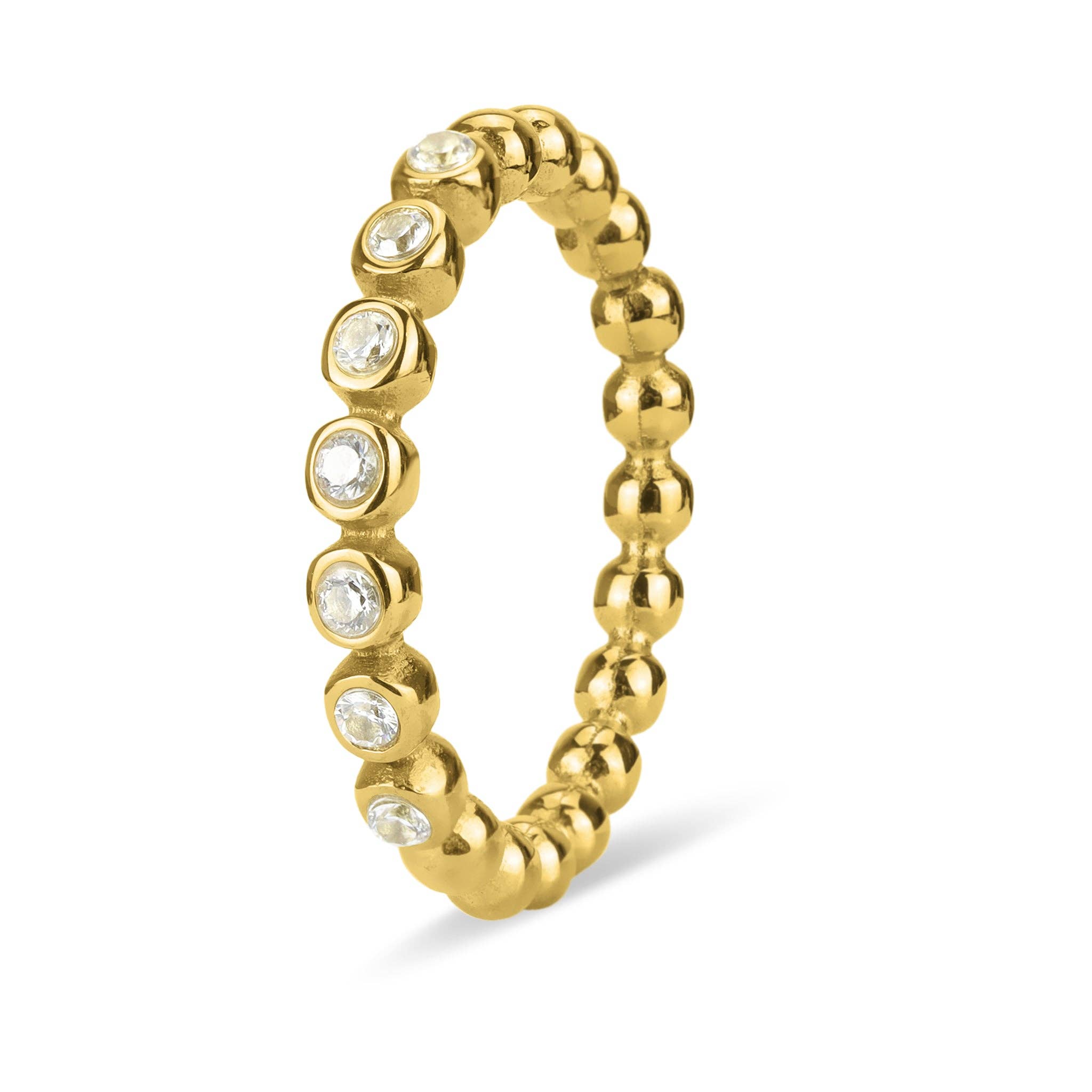 18k Gold PVD Coated Beaded Stainless Steel CZ Stacking Ring