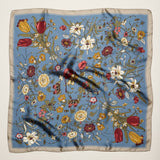Vintage Blue Botanical Floral Square Scarf – Elegant Garden Print Satin Neck & Hair Scarf