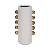 White/Gold 13 in. Stoneware Cylinder with Side Knobs Vase