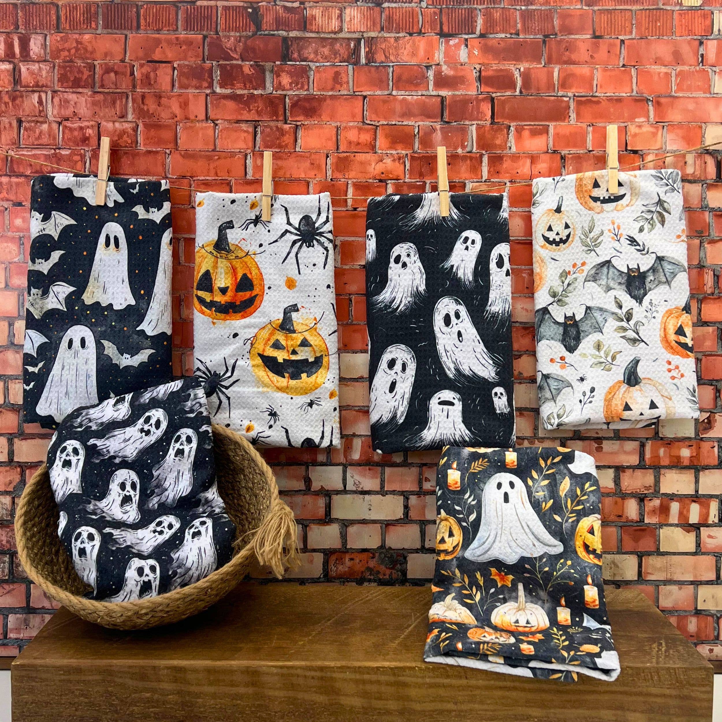 Scary Ghost Pattern Halloween Decor Waffle Tea Towel