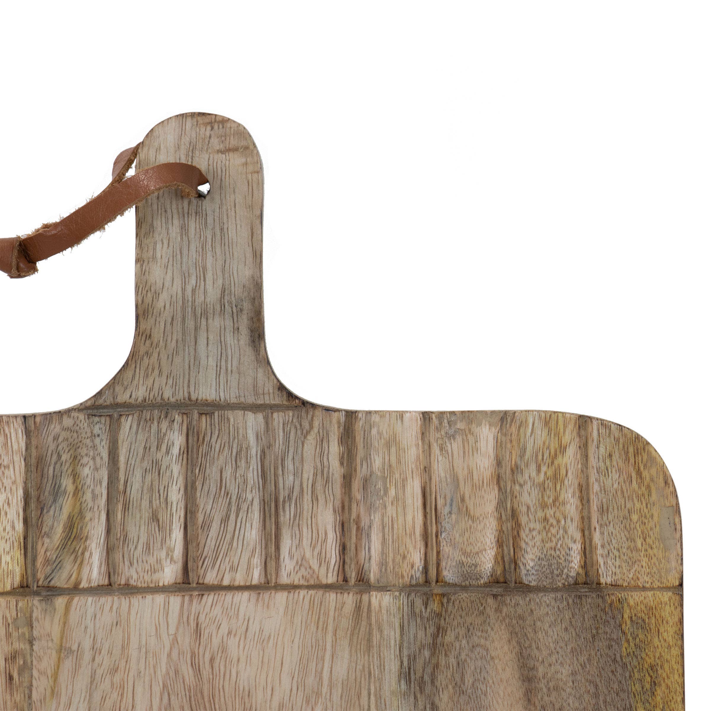 Wooden cutting board with a leather handle on a white background