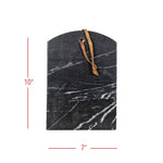 Marble-patterned cutting board with a strap and measurements on a white background