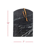 Marble-patterned cutting board with a strap and measurements on a white background