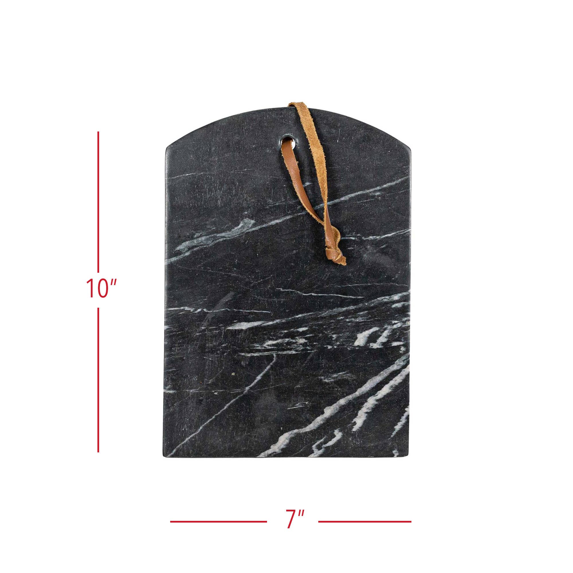 Marble-patterned cutting board with a strap and measurements on a white background