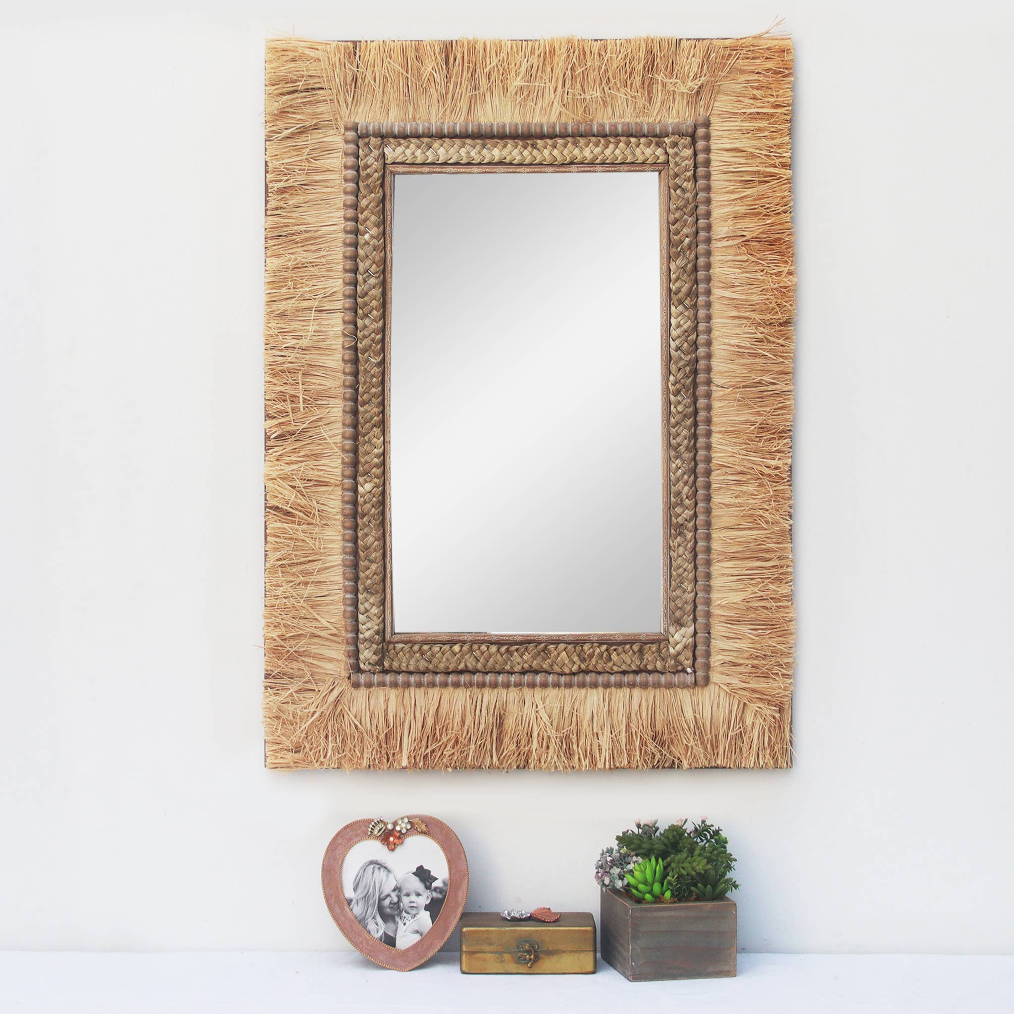 Boho Accent Wall Mirror with Woven Detail and Dried Raffia