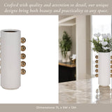 White/Gold 13 in. Stoneware Cylinder with Side Knobs Vase