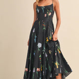 ID10301 FLORAL PRINTED SLEEVELESS FLARED MAXI DRESS