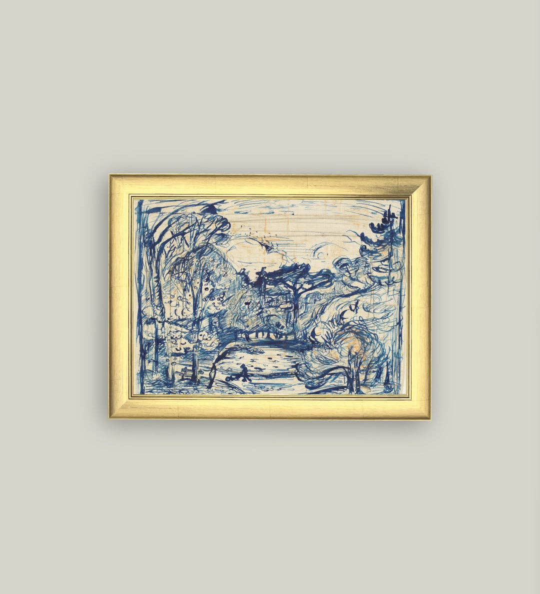 Forest with Woodcutter Framed Antique Art