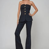 Strapless Gold Button Vest Style Denim Top