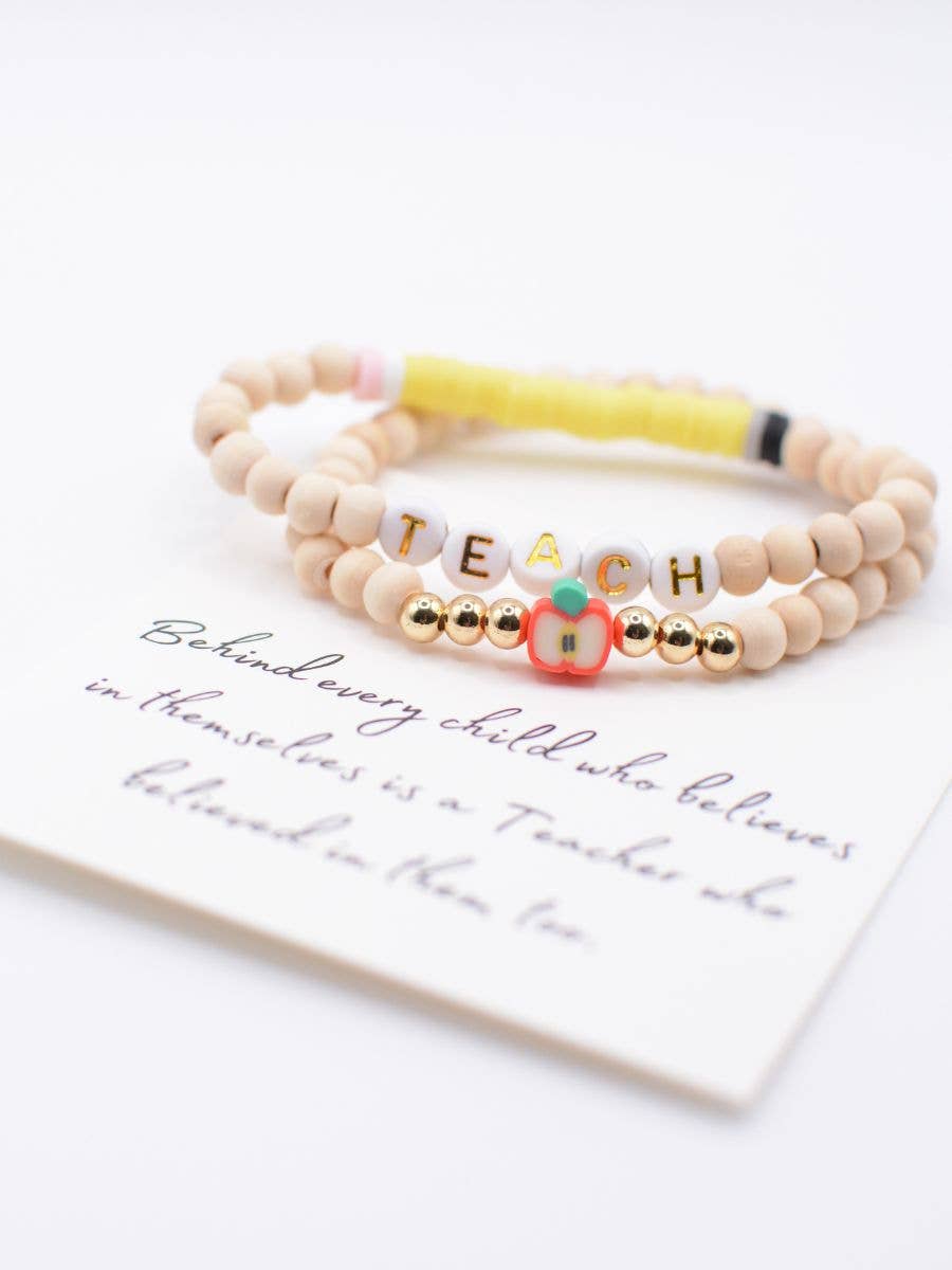 Wood Beaded Teacher stretch Bracelet set on THANK YOU Card