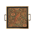 Pheasant and Flower Decorative Tray with Brass Handles