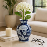 Decorative Vase - Blue Ceramic Floral Chinoiserie, 9 in.