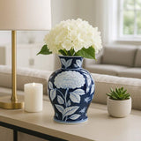 Decorative Vase - Blue Ceramic Floral Chinoiserie, 9 in.