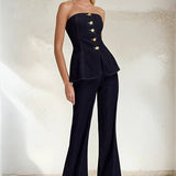 Strapless Gold Button Vest Style Denim Top