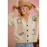 EMBROIDERED HALLOWEEN GHOST PUMPKIN BUTTON CARDIGAN