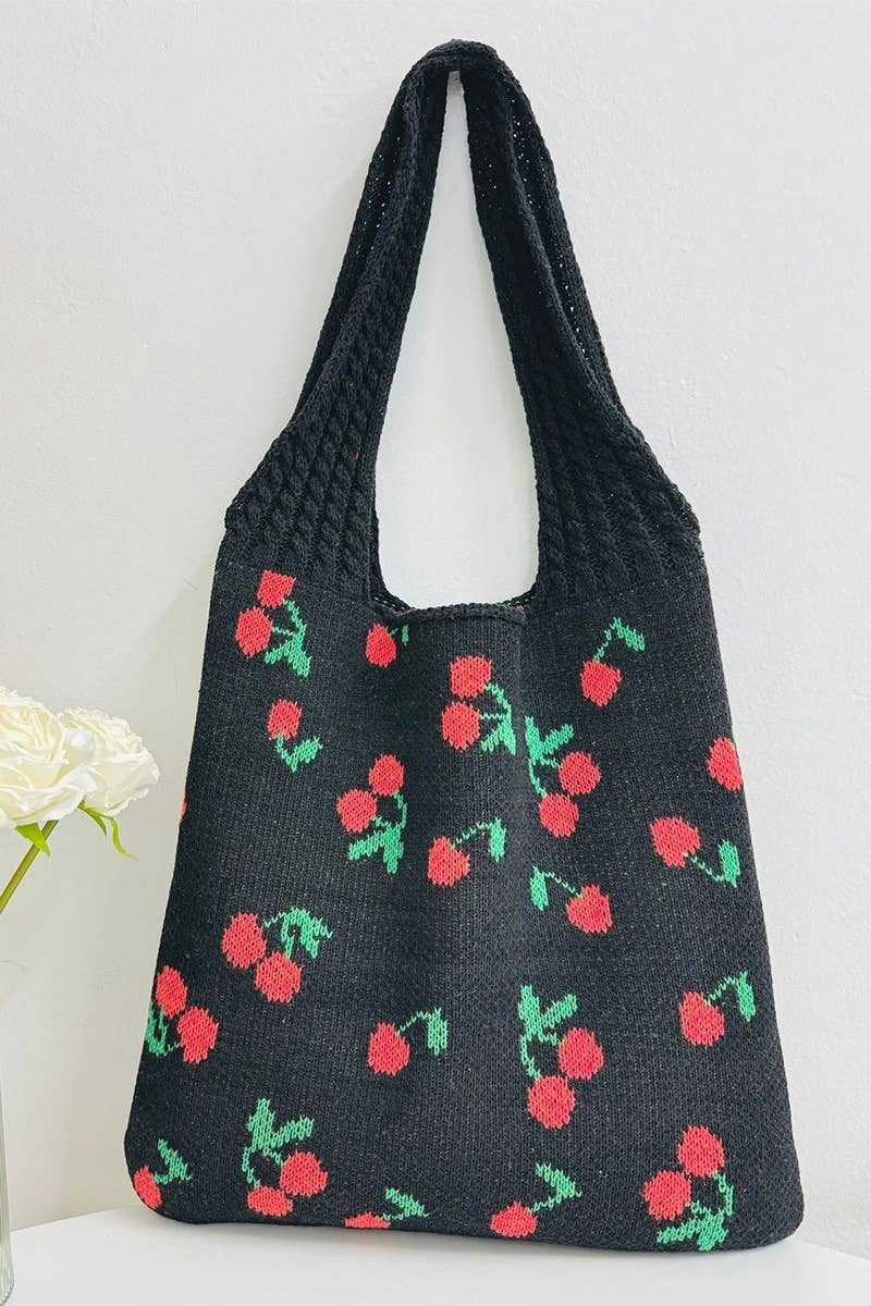 .SI-27209 Cherry Pattern Knitted Woven Crochet Tote Bag