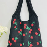 .SI-27209 Cherry Pattern Knitted Woven Crochet Tote Bag