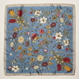 Vintage Blue Botanical Floral Square Scarf – Elegant Garden Print Satin Neck & Hair Scarf