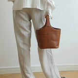 Elle - Minimalism Style Genuine Leather Bucket Shape Bag