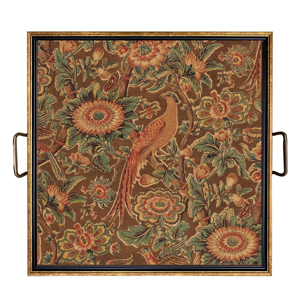 Pheasant and Flower Decorative Tray with Brass Handles