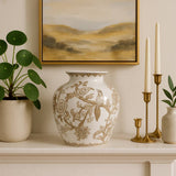 Decorative Vase - Brown/White Ceramic Bird and Vines, 10 in.