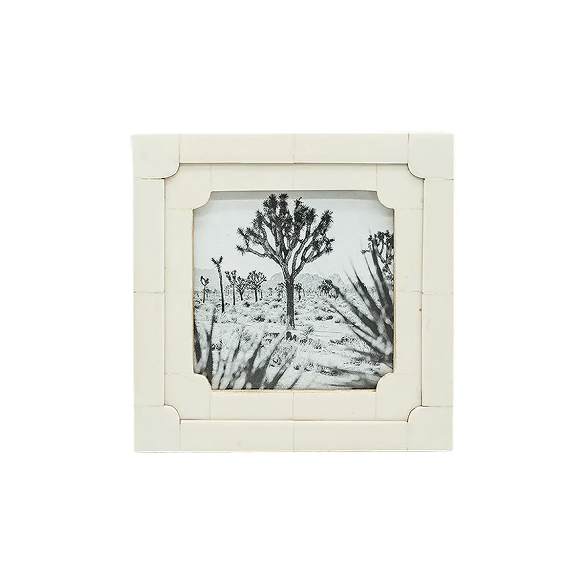 White picture frame with a black and white nature scene inside on a white background
