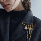 Gold Safety Pin Brooch | Pavé Cross, Moonstone | Catholic Jewelry
