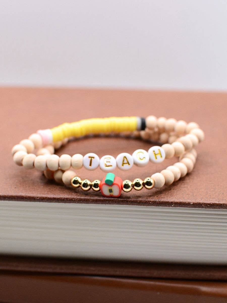 Wood Beaded Teacher stretch Bracelet set on THANK YOU Card