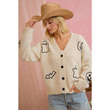 EMBROIDERED HALLOWEEN GHOST PUMPKIN BUTTON CARDIGAN