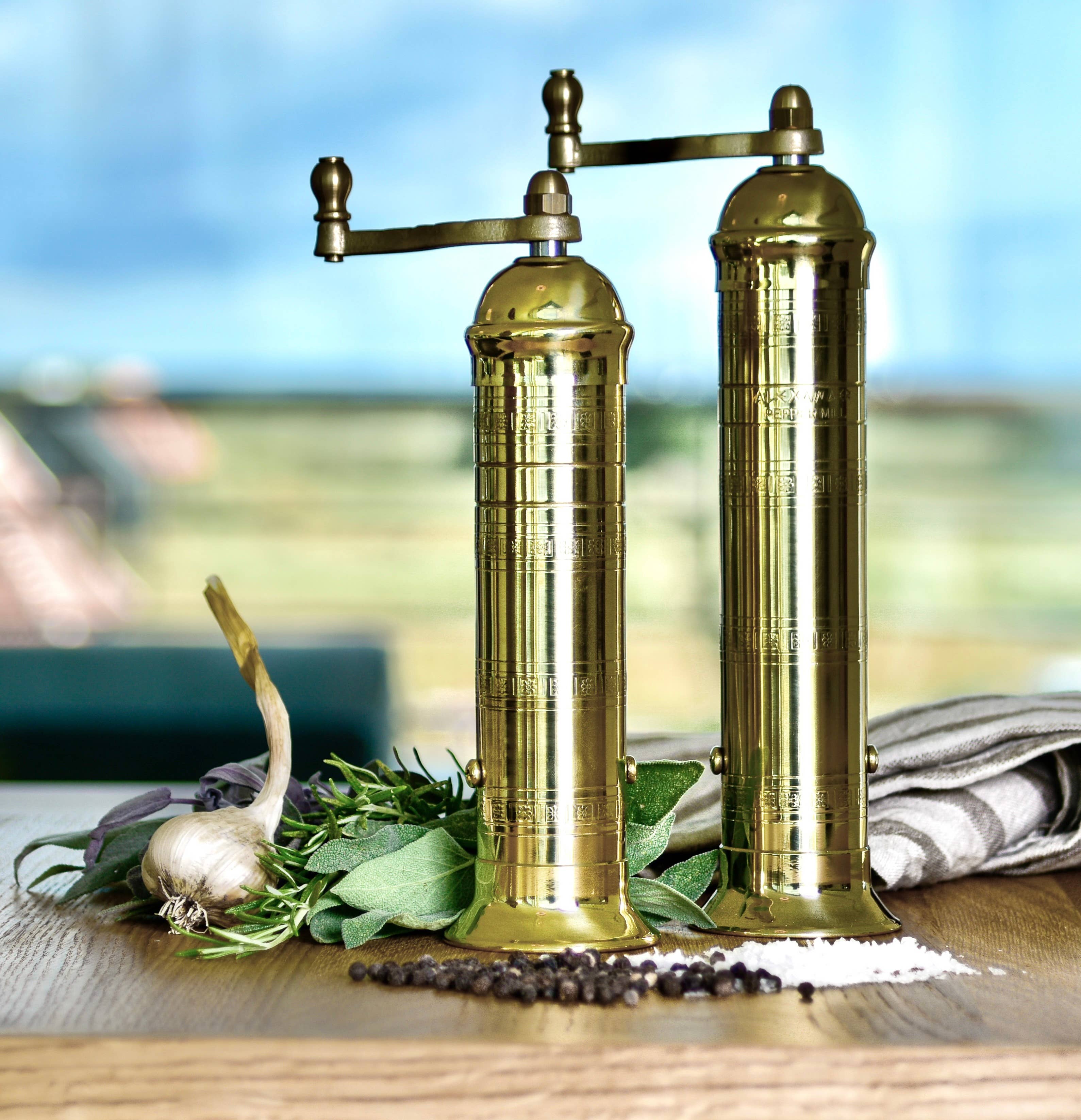 The original 'Brass Mill' - 8" salt grinder and pepper mill set