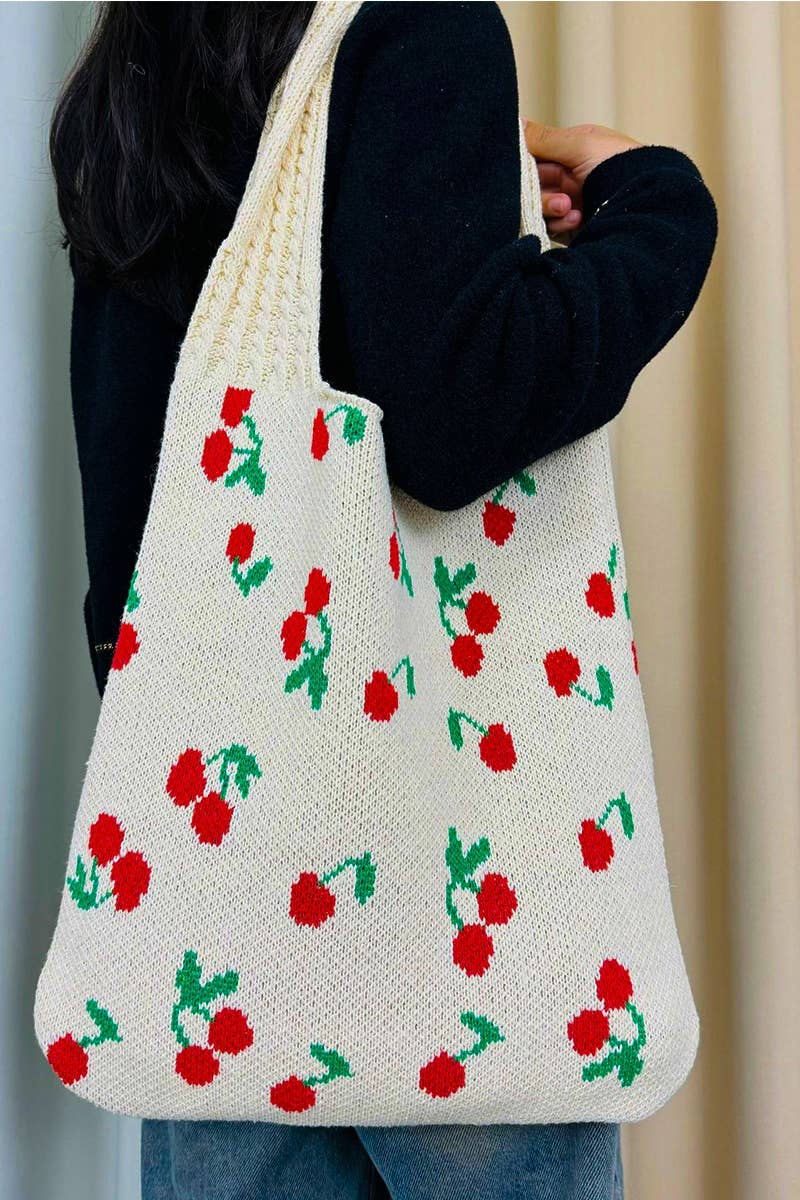.SI-27209 Cherry Pattern Knitted Woven Crochet Tote Bag