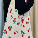 .SI-27209 Cherry Pattern Knitted Woven Crochet Tote Bag