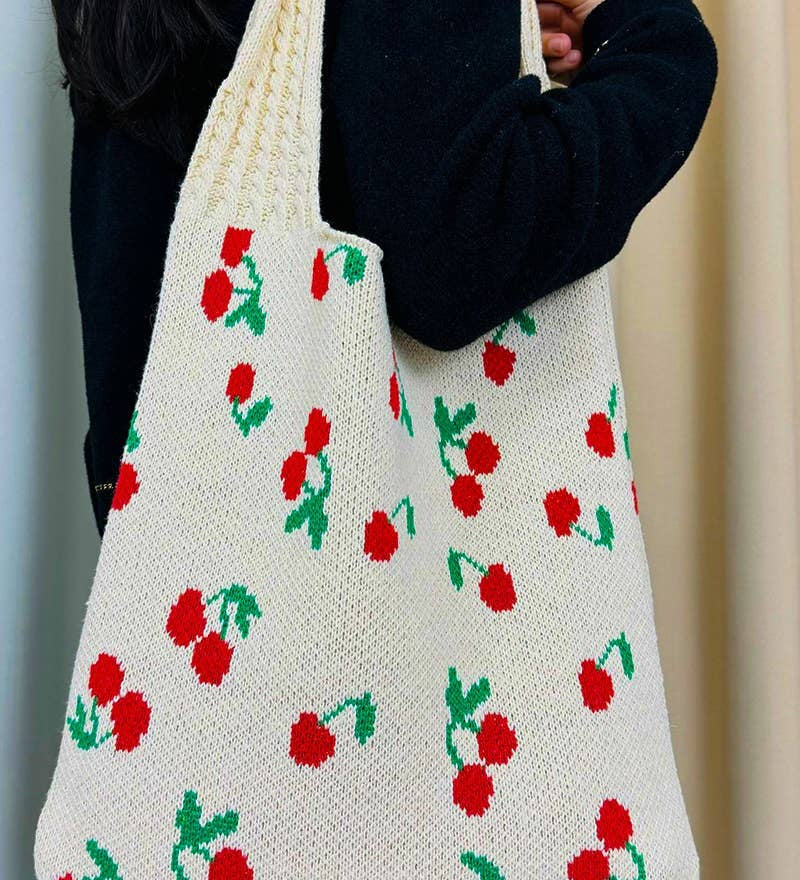 .SI-27209 Cherry Pattern Knitted Woven Crochet Tote Bag