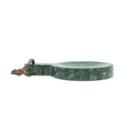 Green marble cutting board with a brown handle on a white background