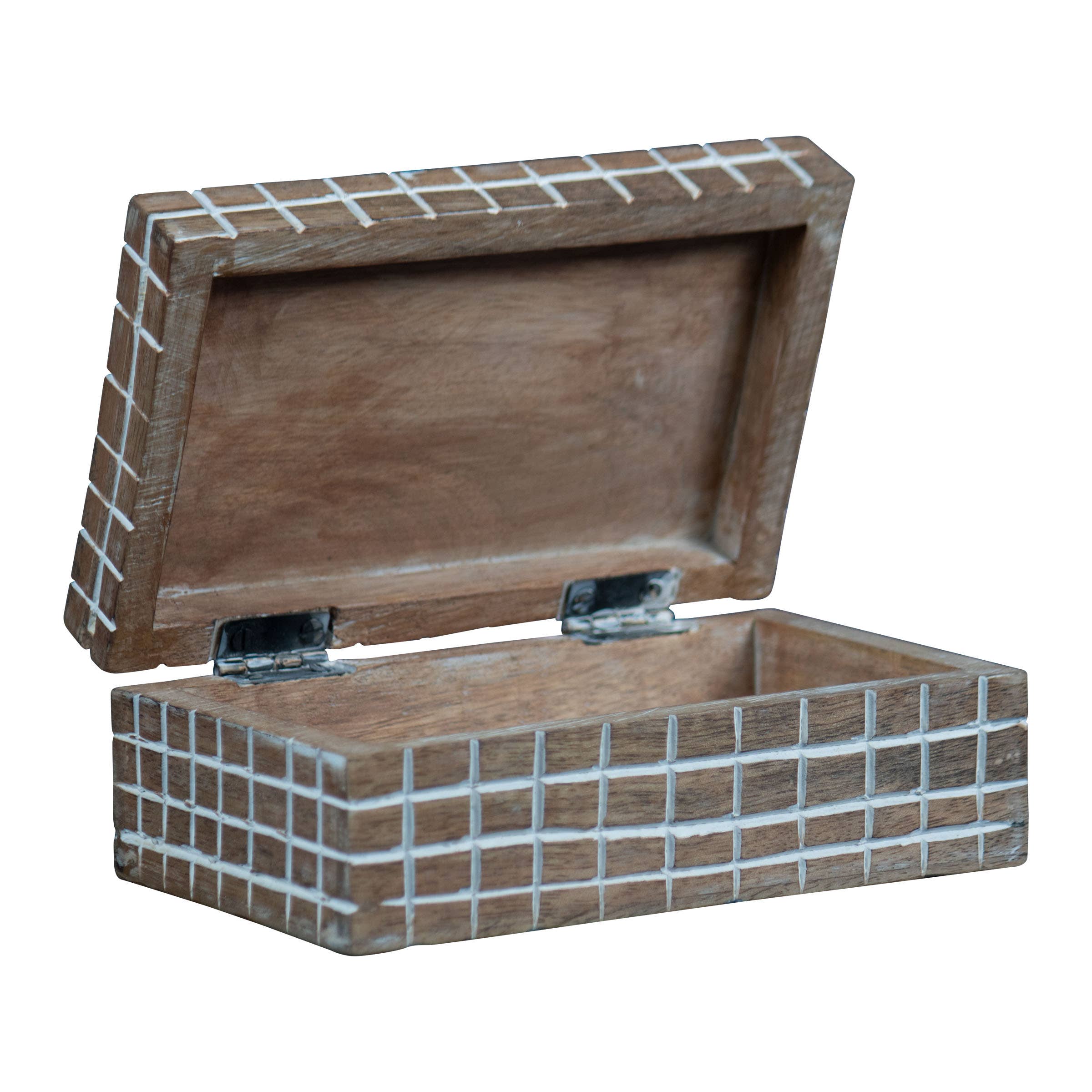 Fritz Hand Carved Plaid 6x4 Lidded Deco Wood Storage Box