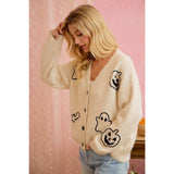EMBROIDERED HALLOWEEN GHOST PUMPKIN BUTTON CARDIGAN