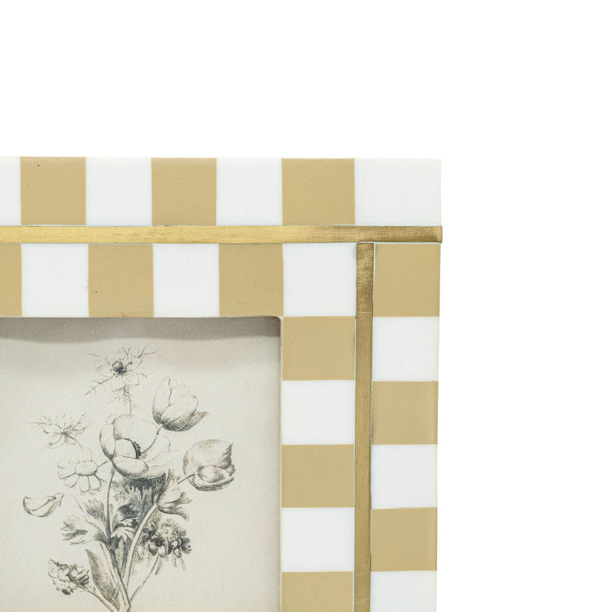 Decorative frame with gold and white checkered pattern and botanical illustration.
