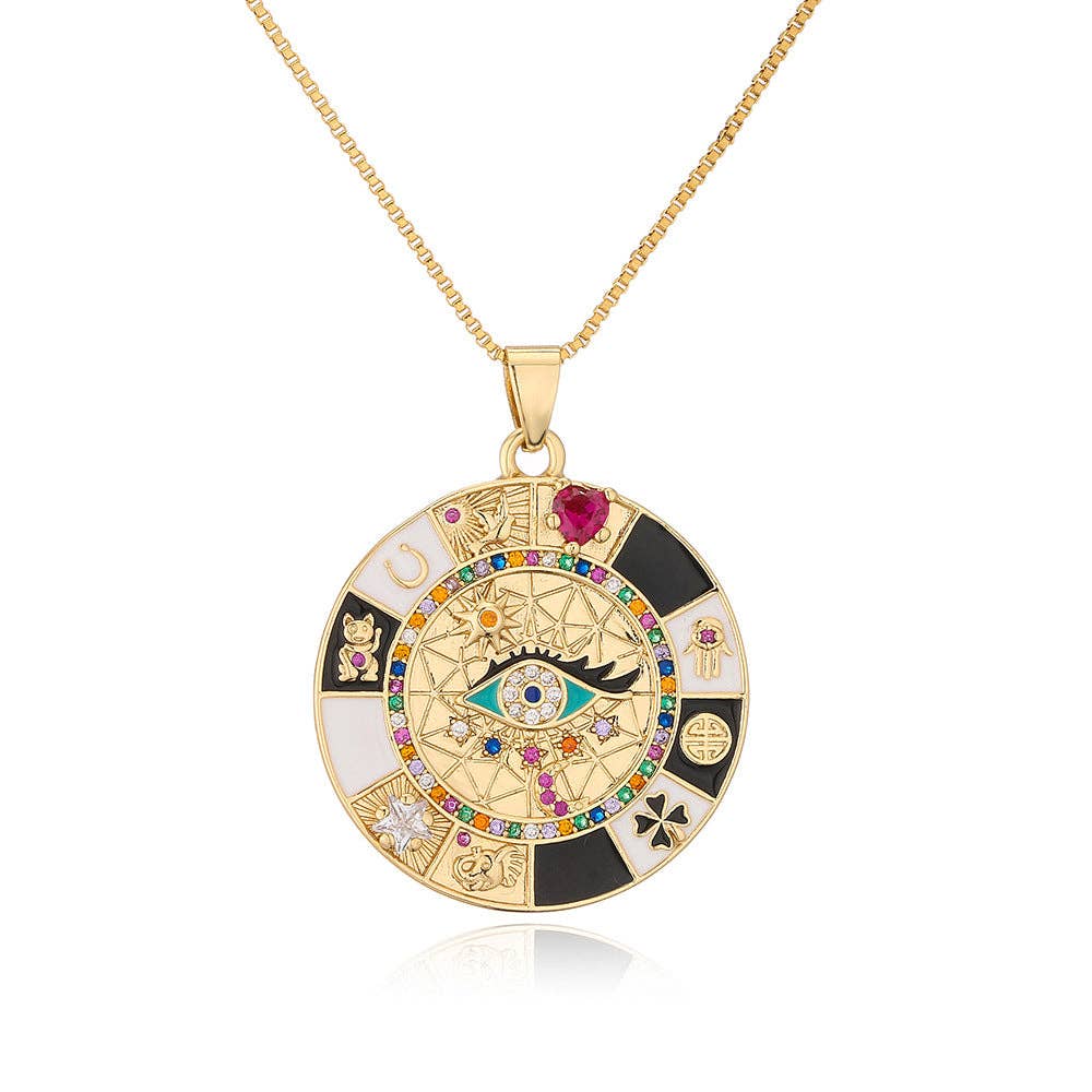 Cubic Zirconia Enamel Devil's Eye Compass Pendant Necklace