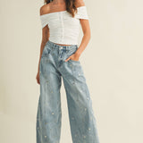 STUDDED BARREL DENIM PANTS