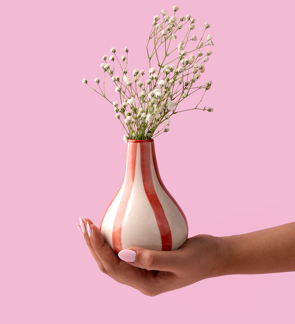 Ceramic Stripe  bud vase, Red- 3.5 x 3.5 x 4.75 Inches