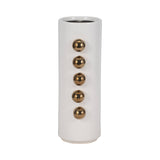 White/Gold 13 in. Stoneware Cylinder with Side Knobs Vase