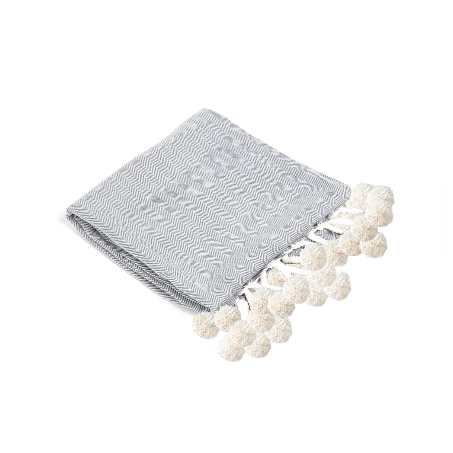 Grey Pom-Pom Throw Blanket
